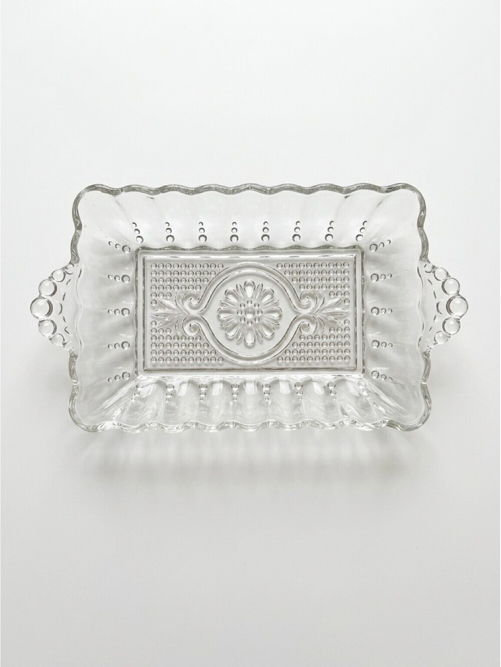Vintage Clear Pressed Glass Rectangular Relish Dish Floral Beaded Handles 8.5"